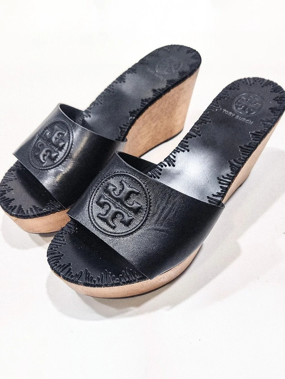 Tory Burch Patty Black Leather Wood Wedge Platform Sandals Slide Clog Women's 7M